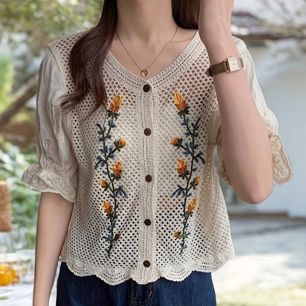 Unbranded Women's Knit Cream Crocheted Embroidered Boho Button Down NEW Sz S
